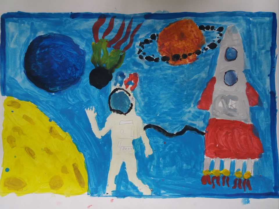 Детский рисунок - Первый полет в космос