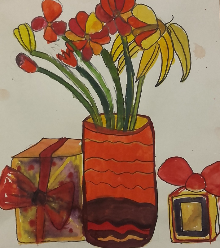 Детский рисунок - Подарок с цветами