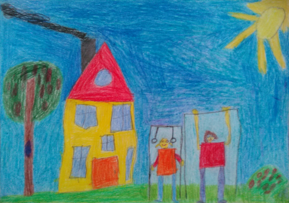 Детский рисунок - Дети подтягиваются на турнике возле дома