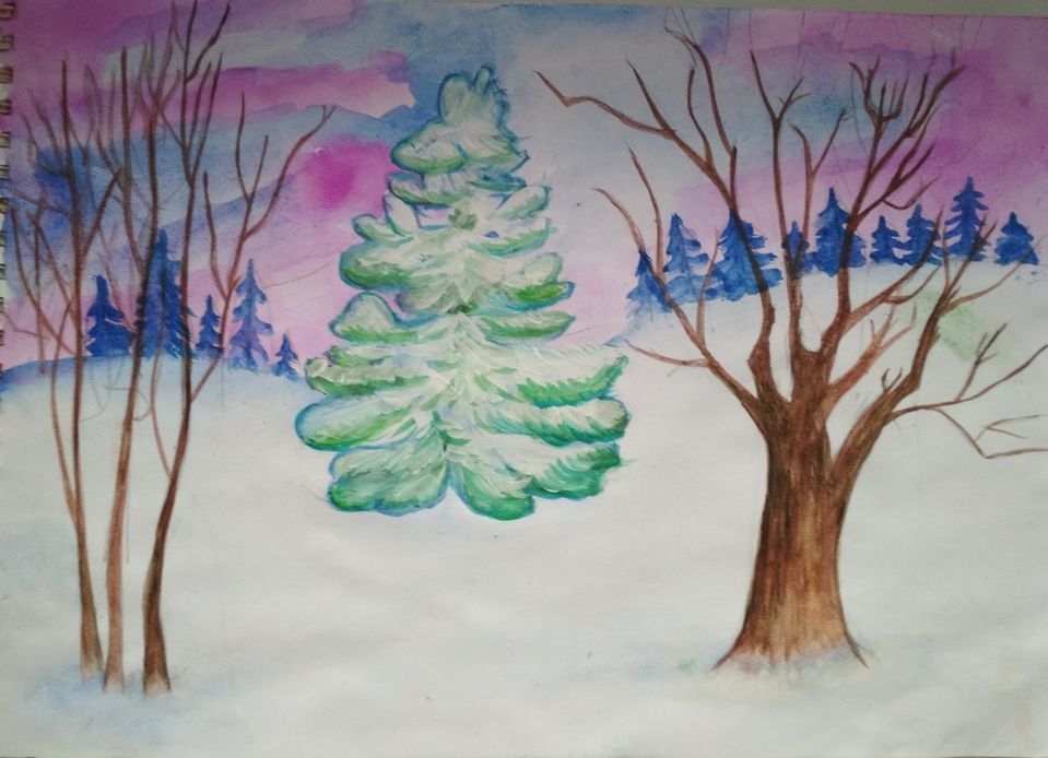 Детский рисунок - Елочки в зимнем лесу
