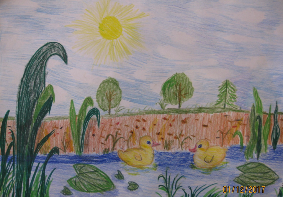 Детский рисунок - Утята в пруду