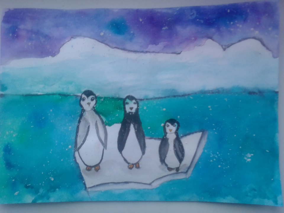 Детский рисунок - пингвины на льдине