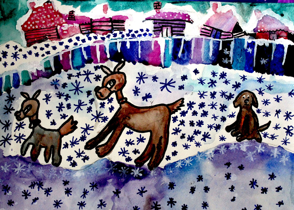 Детский рисунок - Вечерняя зимняя прогулка