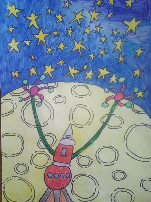 Детский рисунок - Полет на Луну