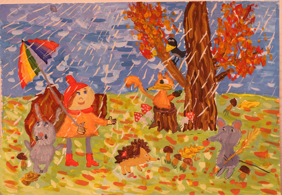 Детский рисунок - осенний дождь