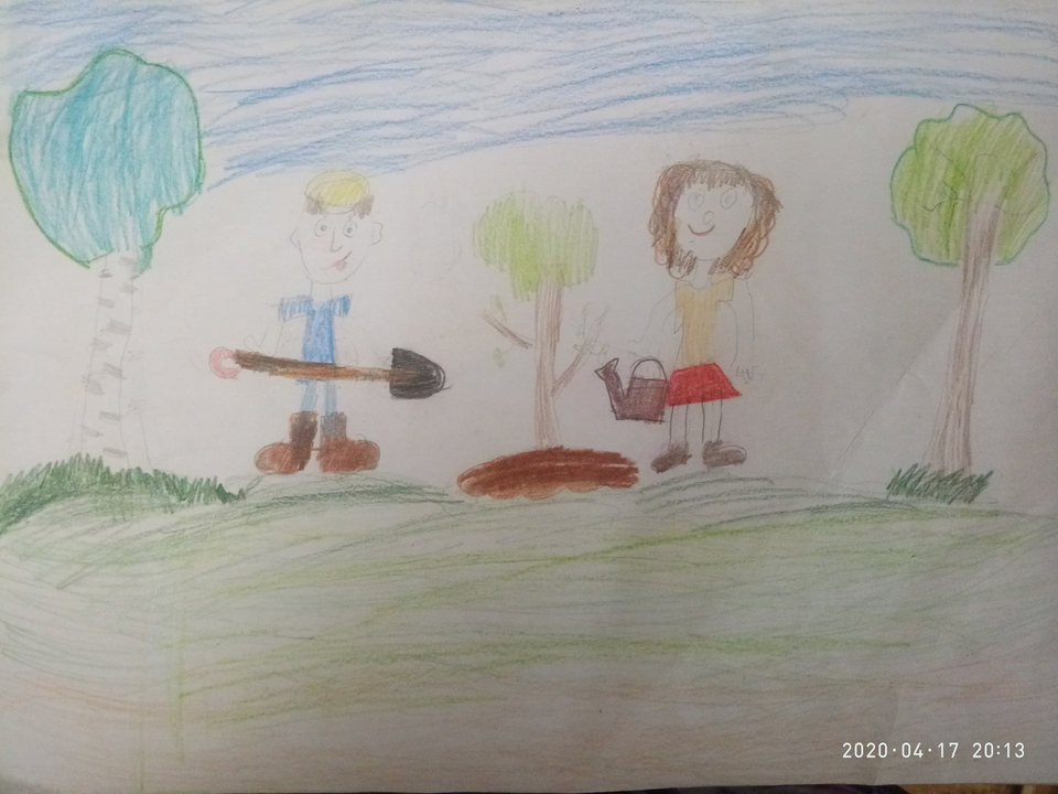 Детский рисунок - Мы сажаем деревья