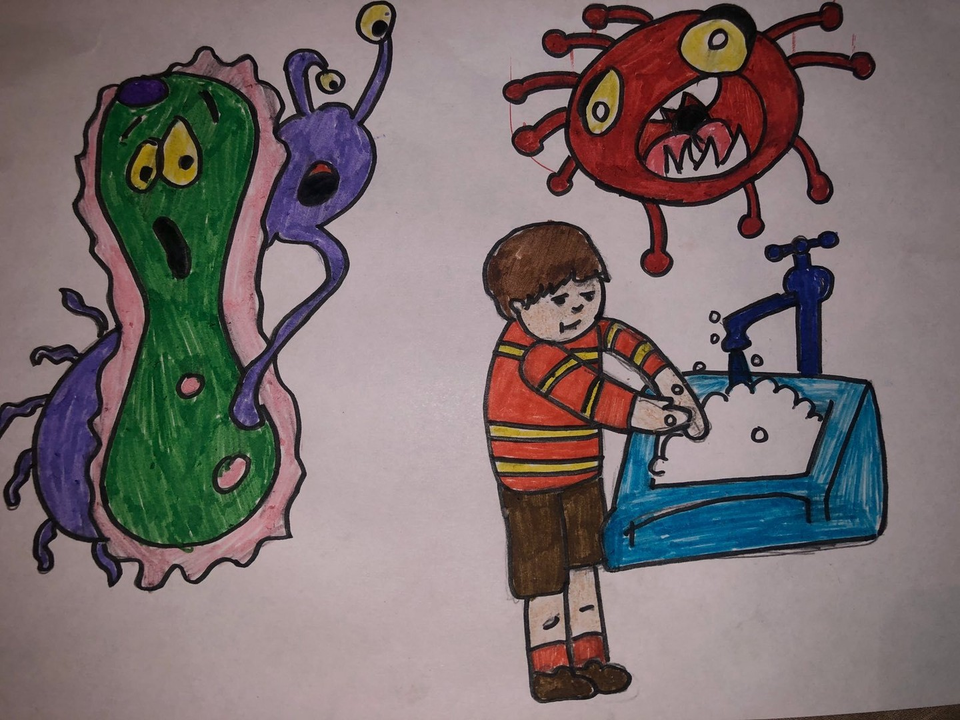 Детский рисунок - Все микробы и бациллы как огня боятся мыла