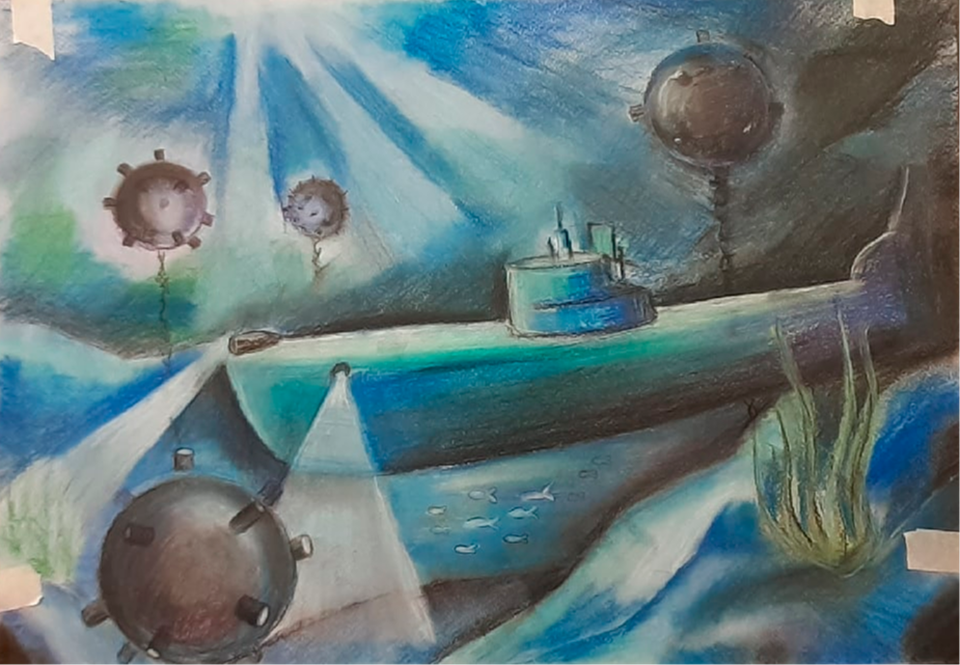Детский рисунок - Подводная лодка времен ВОВ