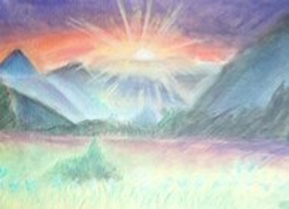 Детский рисунок - восход в горах
