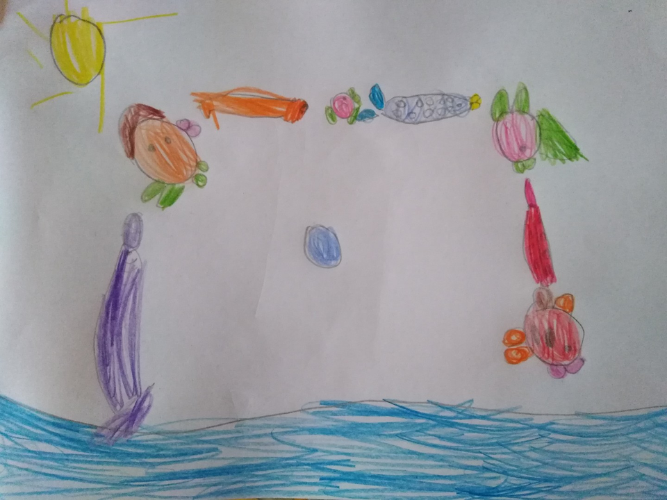Детский рисунок - Рыбки в море