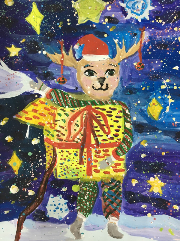 Детский рисунок - новогодний олень с подарком для всех