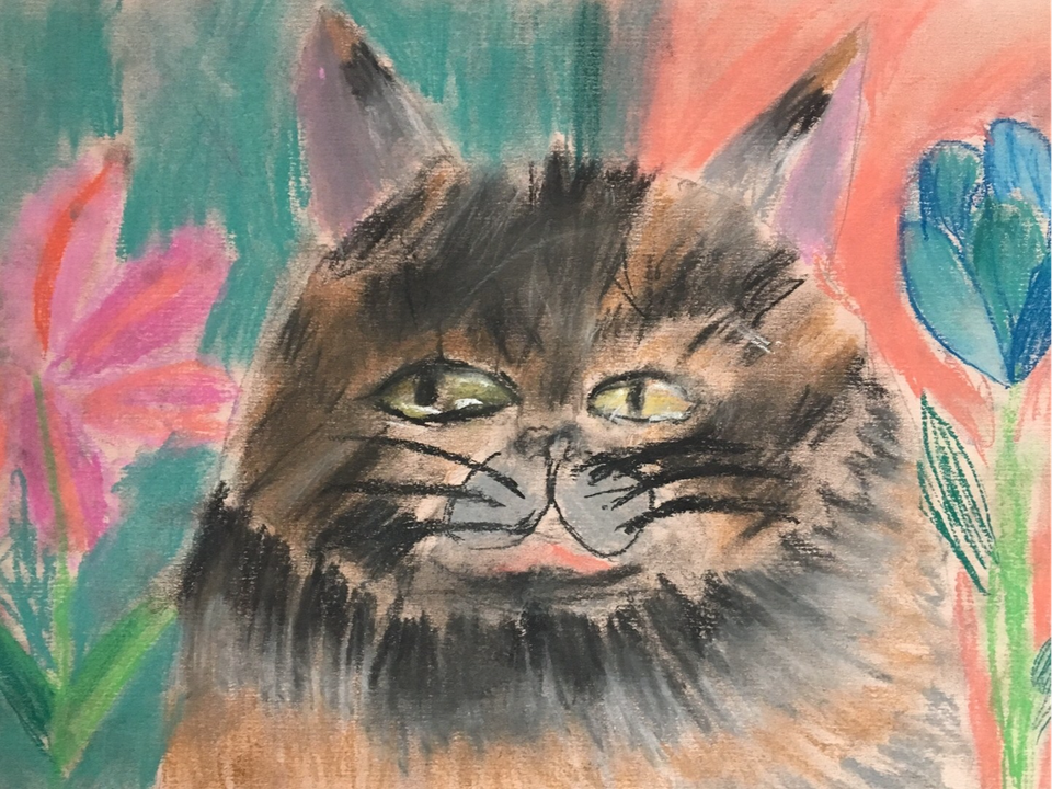 Детский рисунок - Цветочные мысли кота