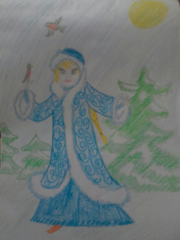 Детский рисунок - снегурочка в снежном лесу