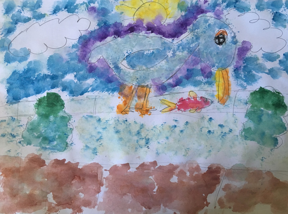 Детский рисунок - Разговор рыбки и чайки