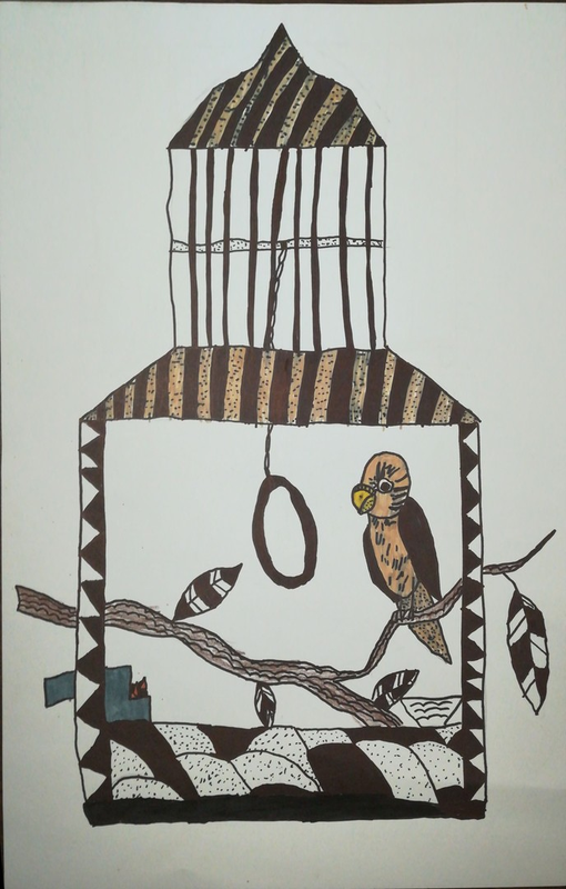 Детский рисунок - Птичка в клетке
