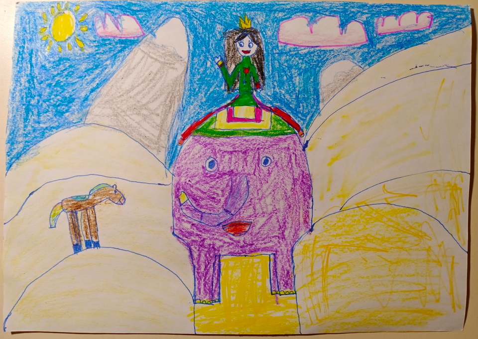 Детский рисунок - Девушка на слоне в пустыне