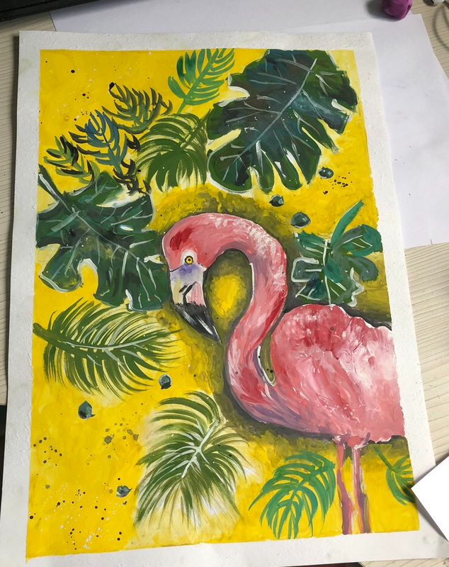 Детский рисунок - Фламинго в джунглях