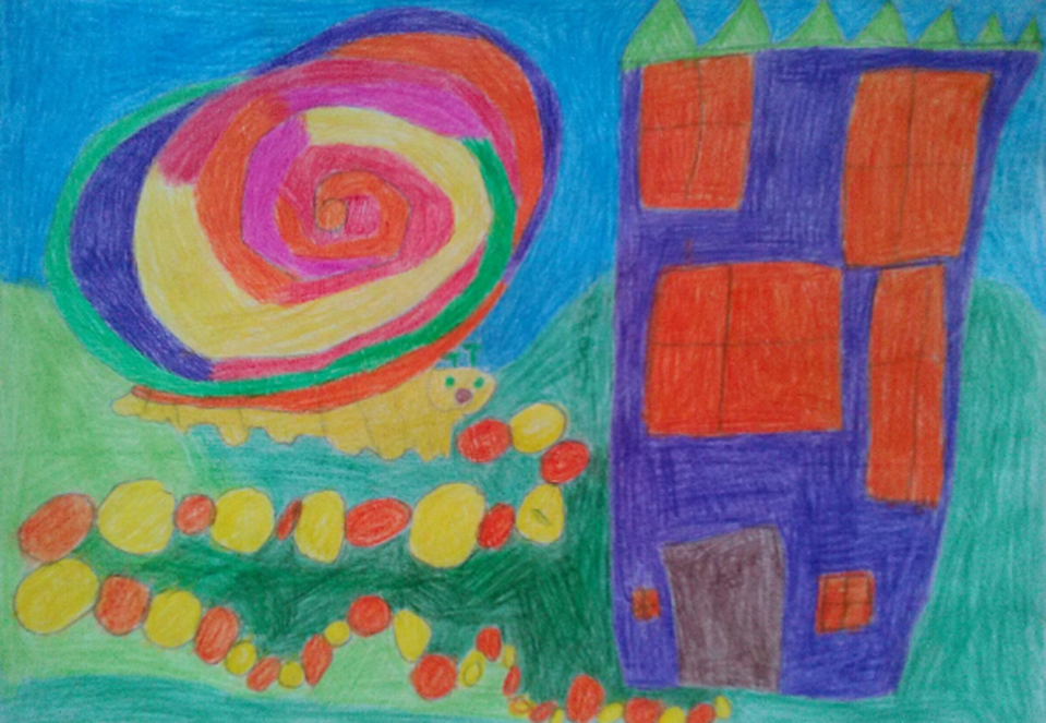 Детский рисунок - Улитка ползёт по дорожке в свой домик