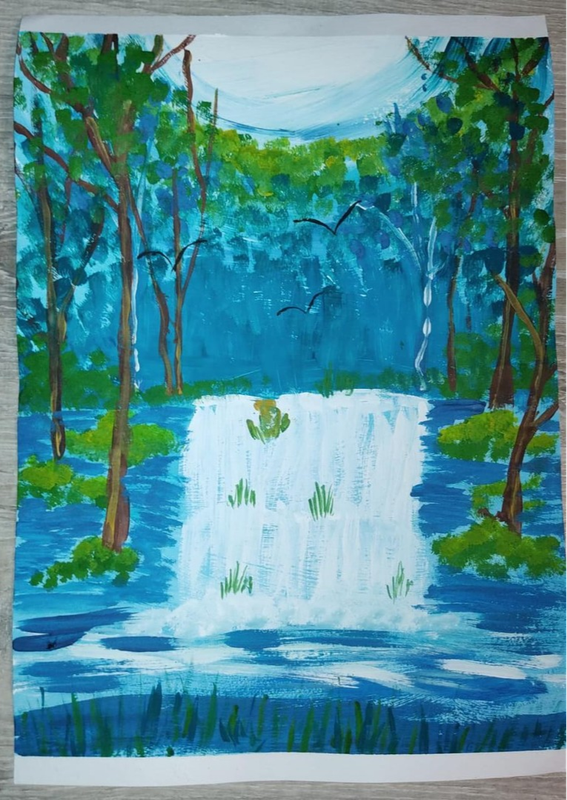 Детский рисунок - Водопад в лесу дремучем
