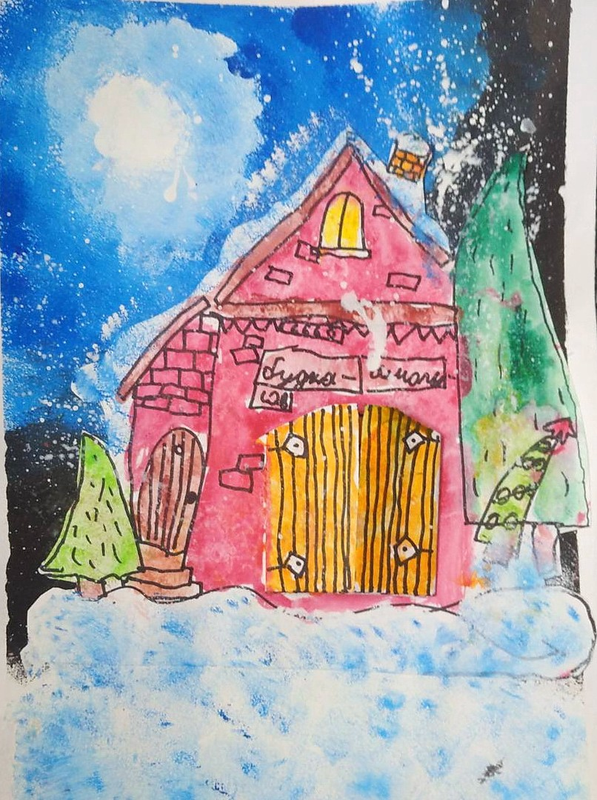 Детский рисунок - Домик в зимнем лесу