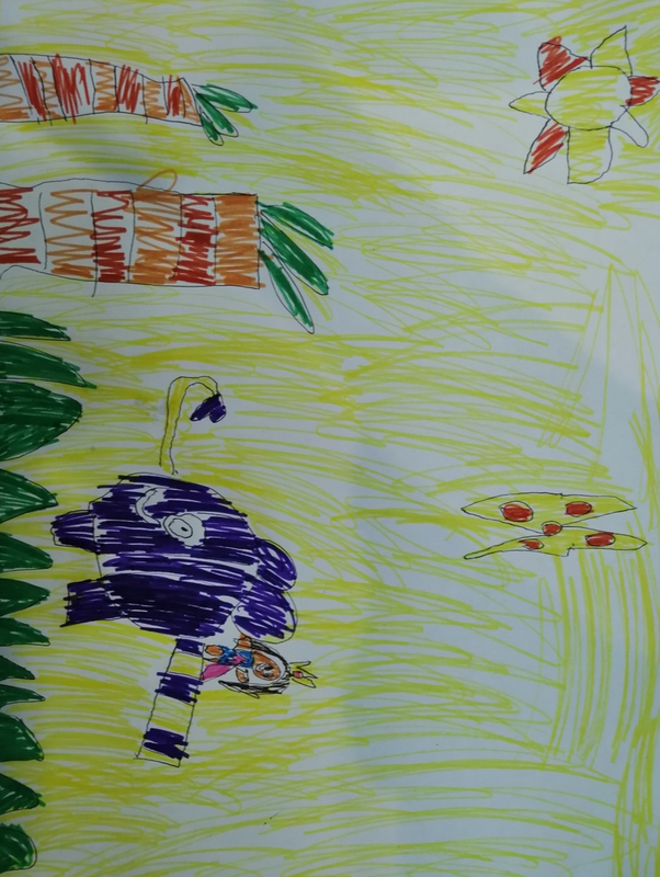Детский рисунок - Принцеса с пылесосом слоником