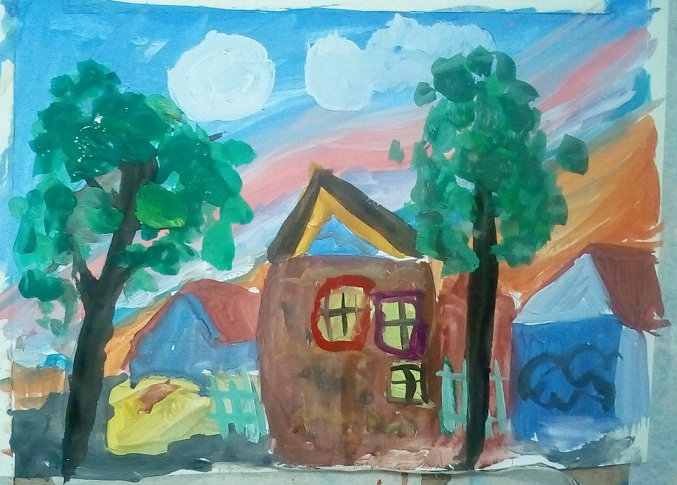 Детский рисунок - Вечер в деревне