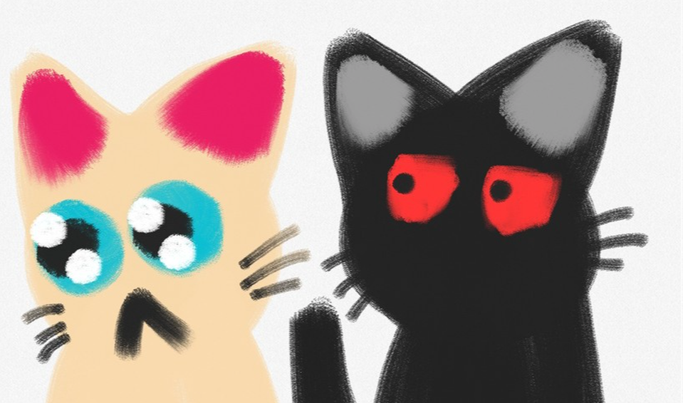 Детский рисунок - Милый котик и сердитый котик