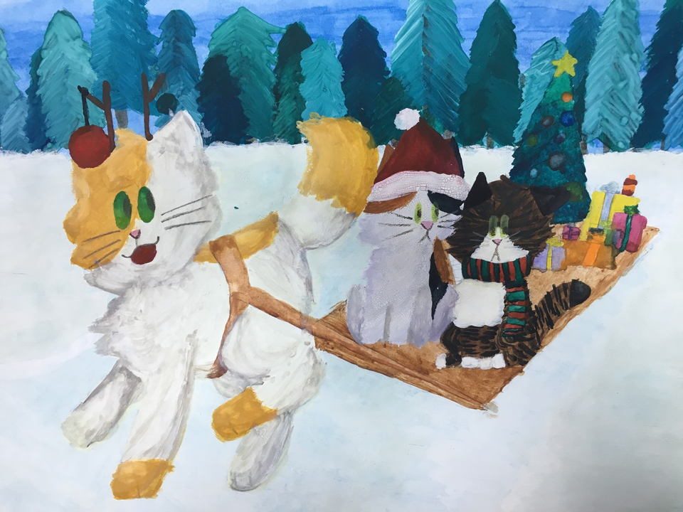Детский рисунок - Котики спешат на праздник