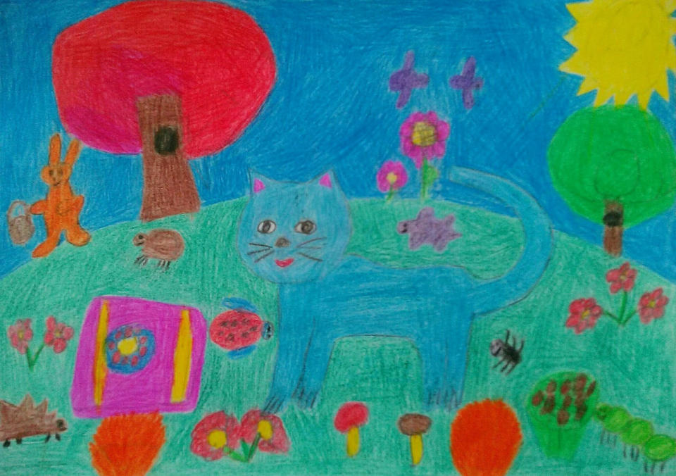 Детский рисунок - Животные и насекомые на лужайке