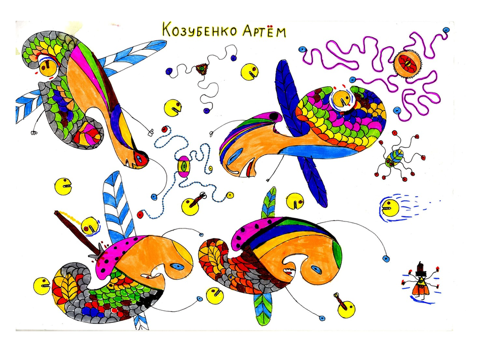 Детский рисунок - Нападение пакматроников на космических бабочек