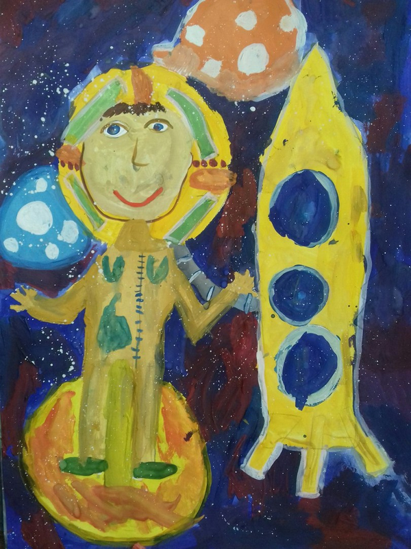 Детский рисунок - Веселый космонавт