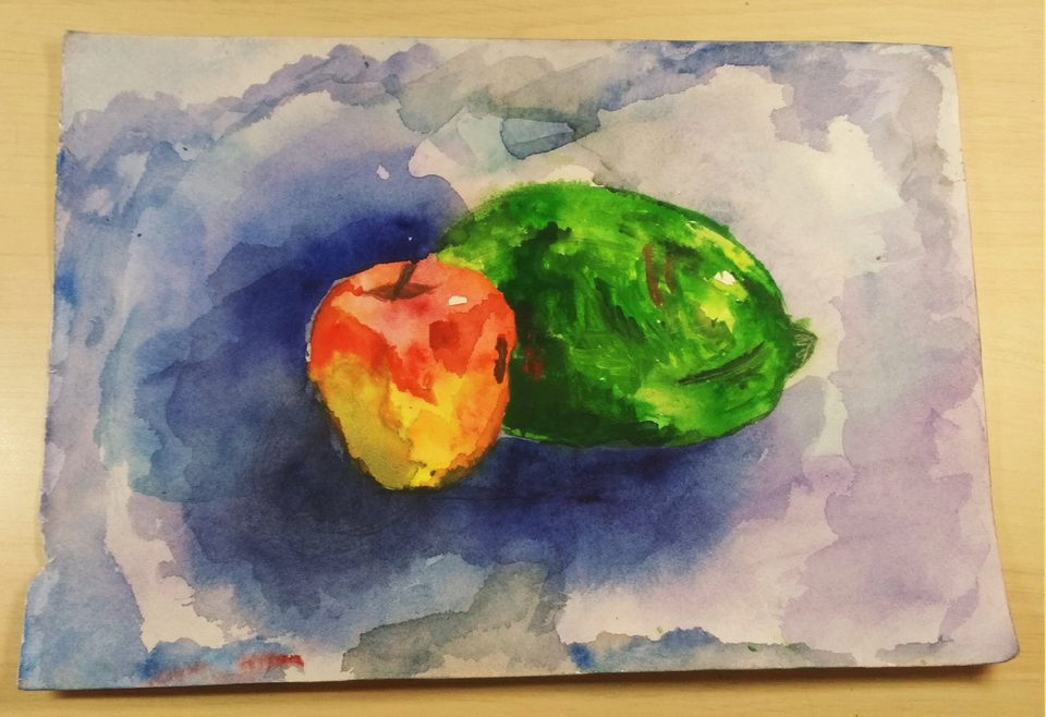 Детский рисунок - Натюрморт яблоко и тыква зелёная