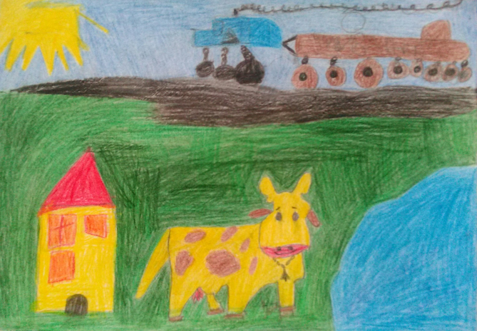 Детский рисунок - Корова на лугу