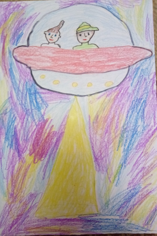 Детский рисунок - Кисточка и карандаш в космосе