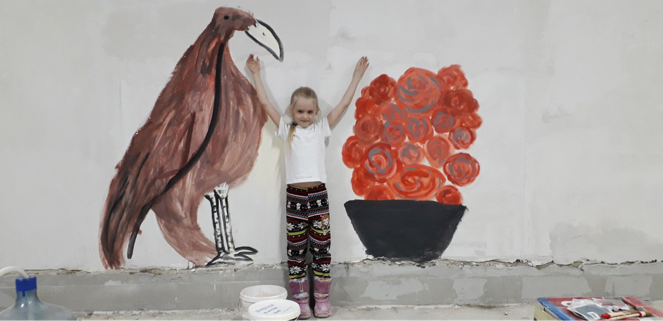 Детский рисунок - Орёл и букет роз