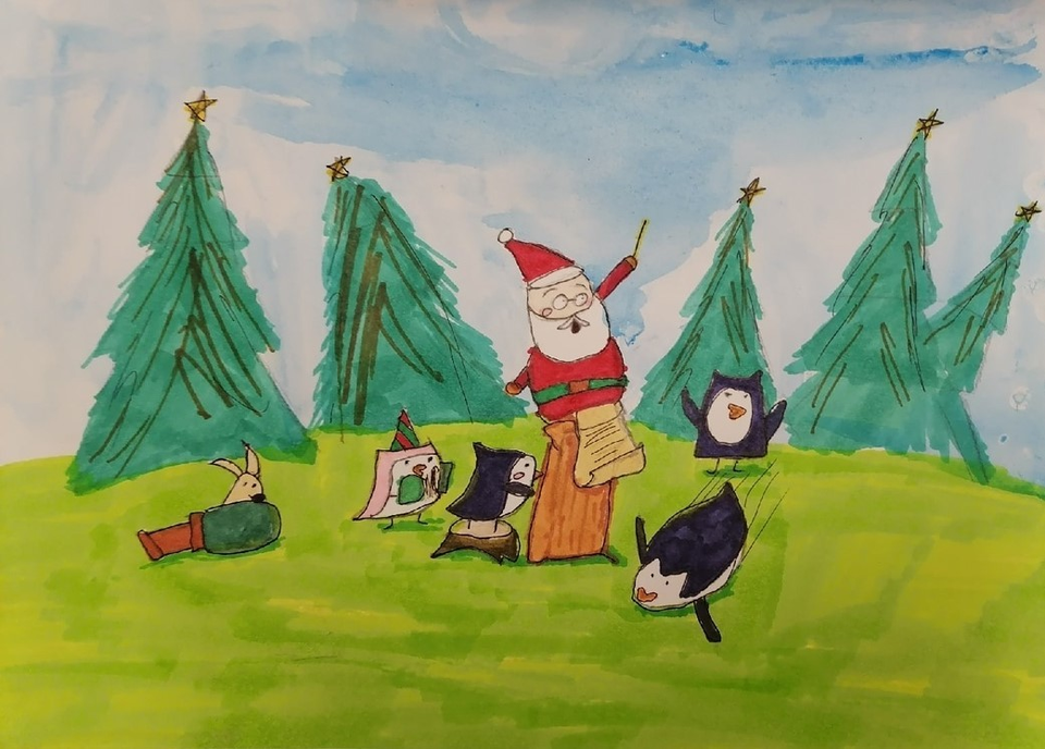 Детский рисунок - Дед Мороз и летние дела
