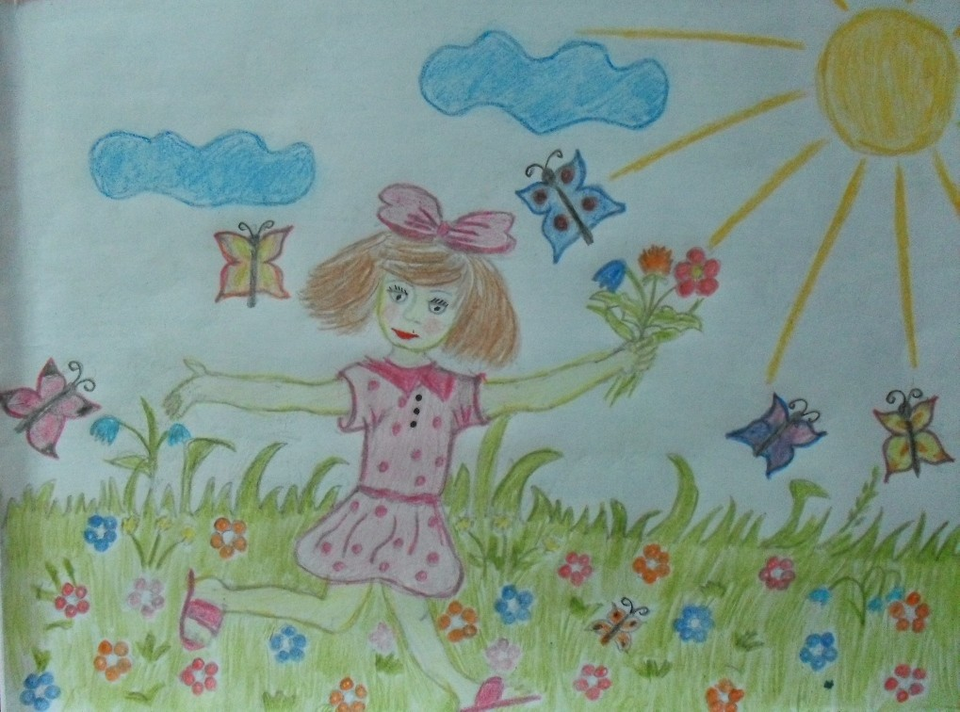 Детский рисунок - Я навстречу солнышку по траве бегу
