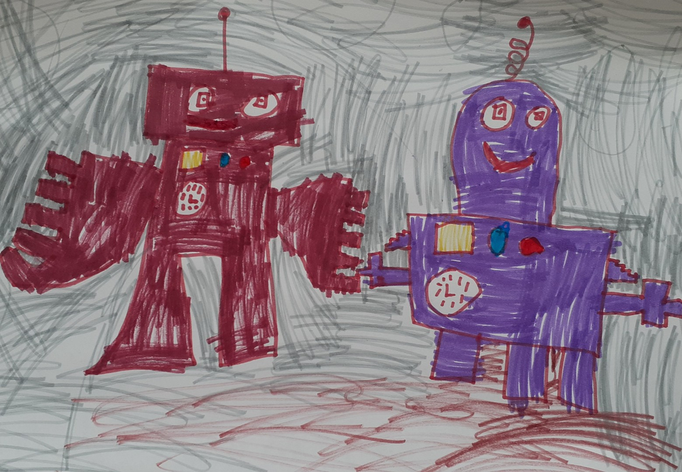 Детский рисунок - Роботы в пещере
