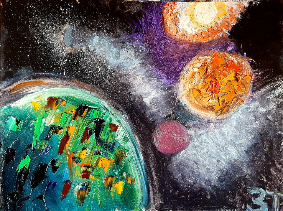 Детский рисунок - Космос в иллюминаторе космического корабля Изумруд