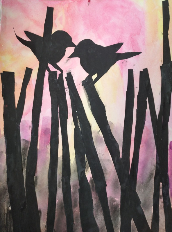 Детский рисунок - Птицы на рассвете