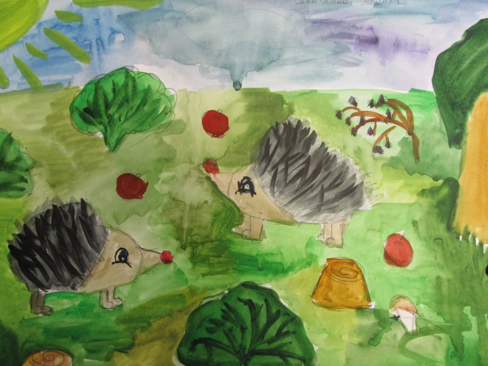 Детский рисунок - Ежики в лесу