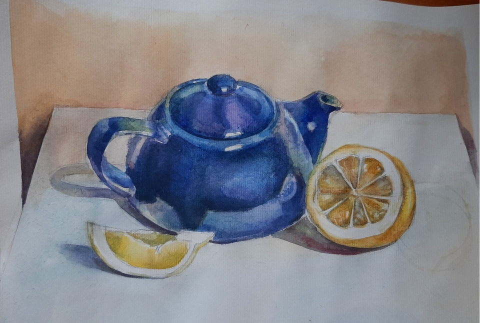 Детский рисунок - Чайник и лимон