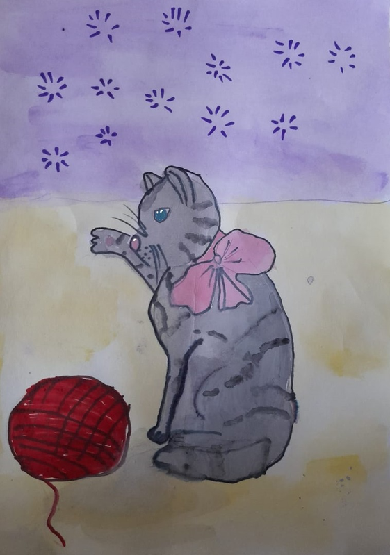 Детский рисунок - Котенок и клубок