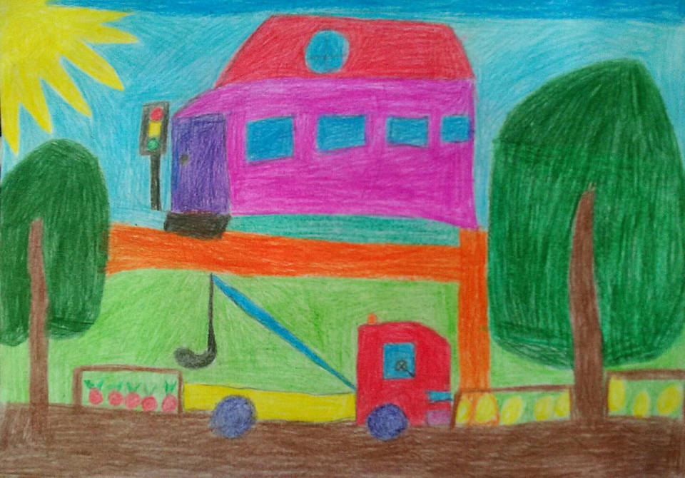 Детский рисунок - Эвакуатор едет по дороге
