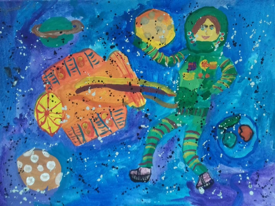 Детский рисунок - Зеленый космонавт