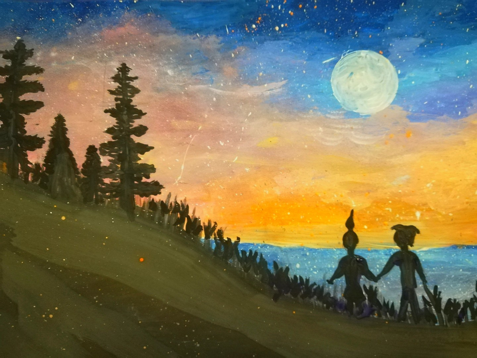 Детский рисунок - Волшебная прогулка под луной