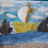 Рисунок "Корабль в море со скалами"