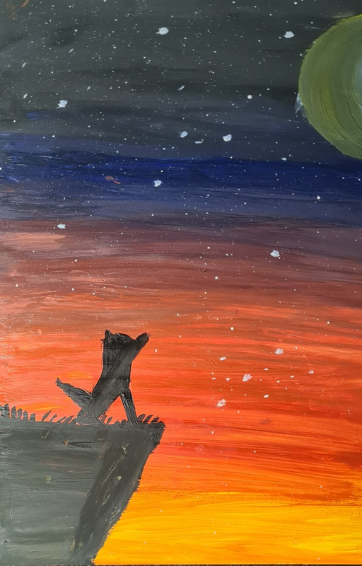 Детский рисунок - Одинокий волк на закате