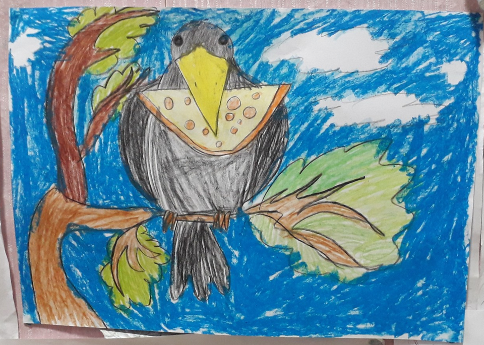 Детский рисунок - Ворона и сыр