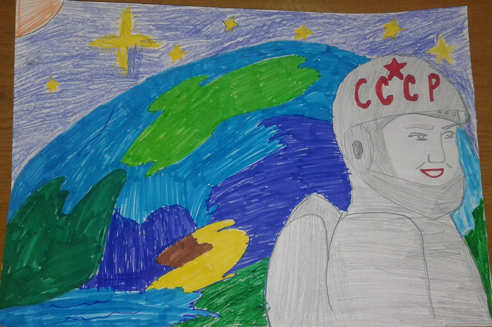 Детский рисунок - Гагарин впервые на поверхности планеты Земля